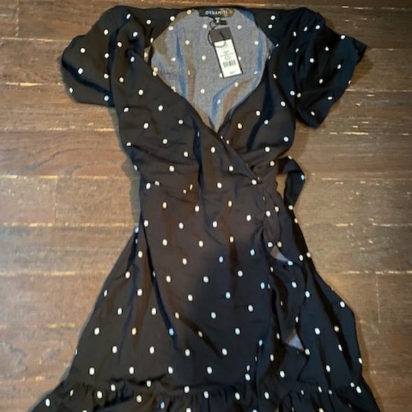 Dynamite Dresses & Skirts - NWT Dynamite Black Polka Dot Ruffle Wrap Dress